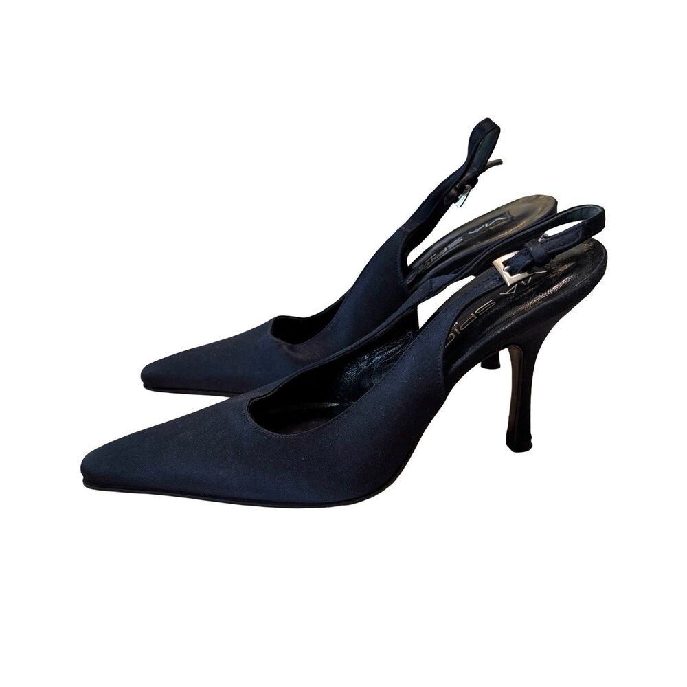 Via Spiga Pointed Toe Slingback Pumps Navy Blue Satin Italy Womens 5.5M